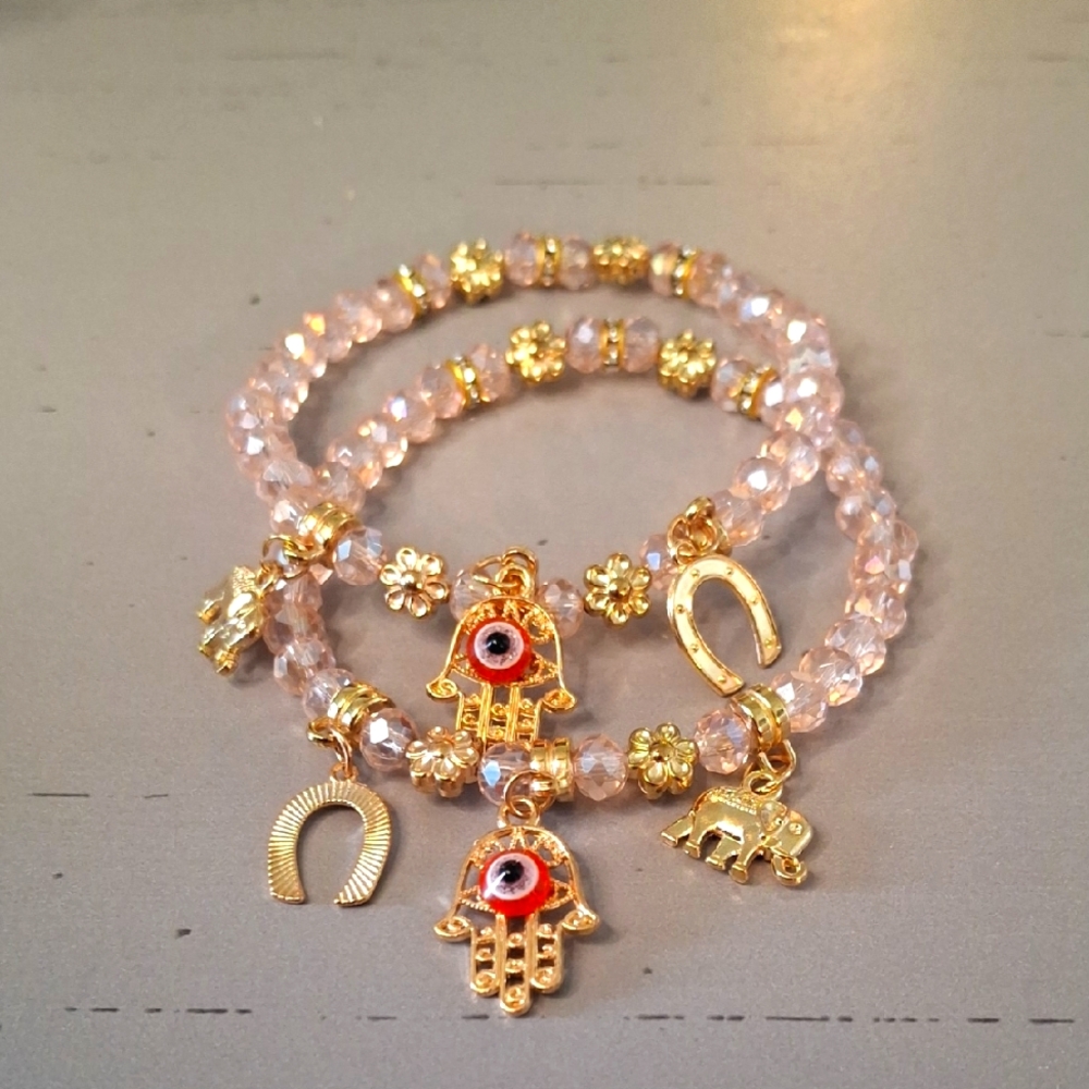 Gold & Pink Hamsa Charm Bracelet Set